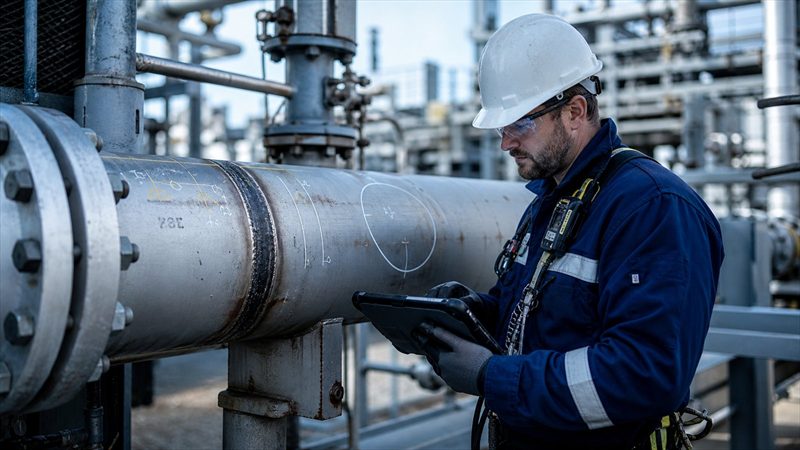 Field inspector examining industrial pipe while reviewing digital inspection information