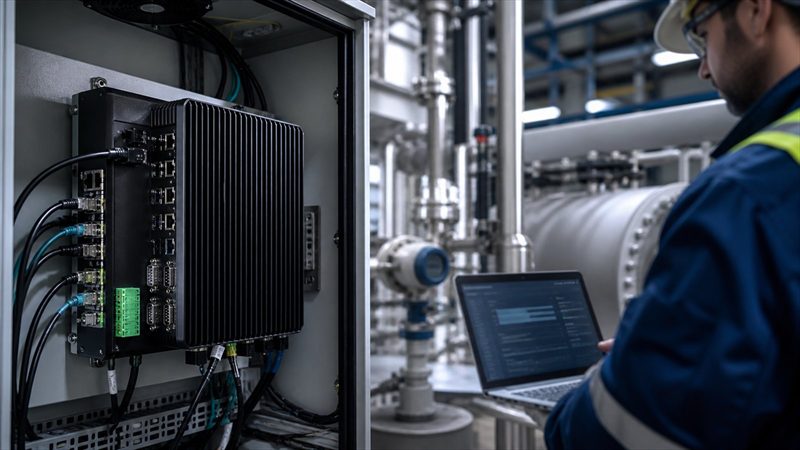 Illustrative industrial edge computer supporting local AI workloads beside process equipment