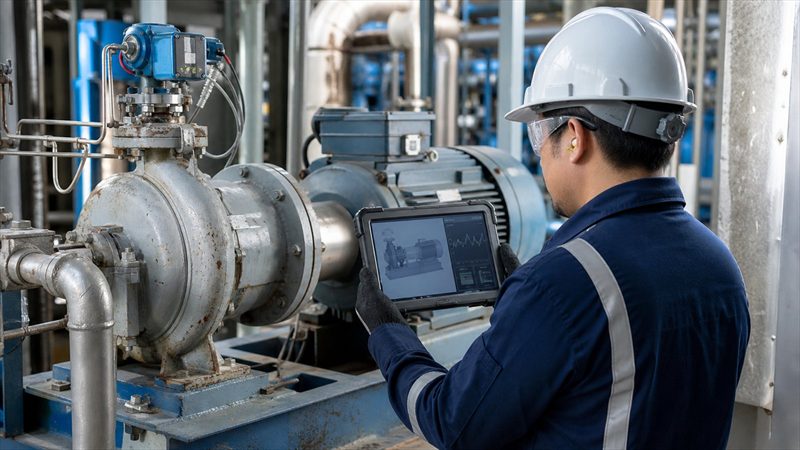 Engineer comparing a physical industrial pump with its digital operating model