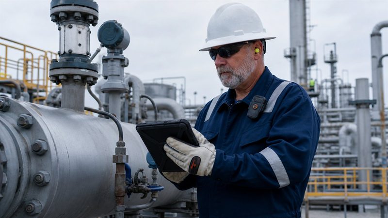 Field operator reviewing and approving industrial AI guidance on a tablet