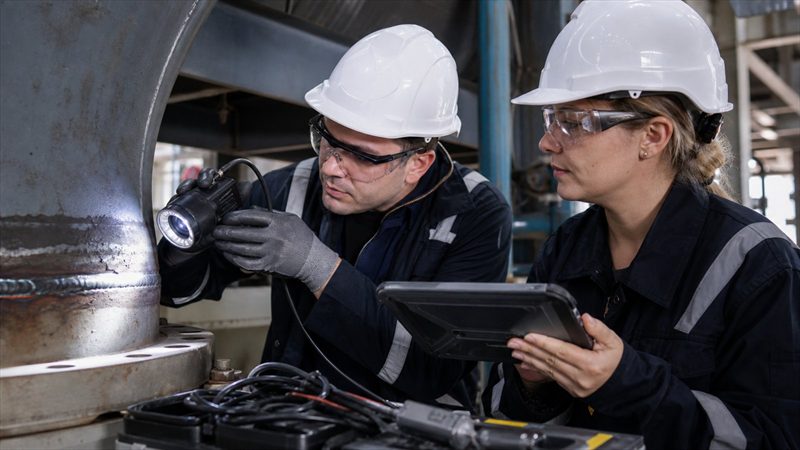 Camera inspecting industrial pipe while an engineer reviews condition information