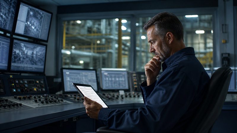 Operator surrounded by industrial control screens receiving concise engineering guidance
