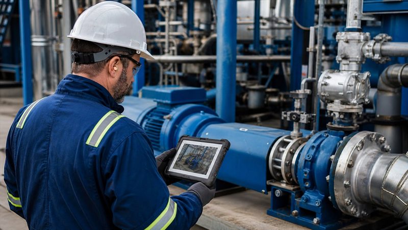 Industrial operator reviewing live equipment guidance beside operating machinery