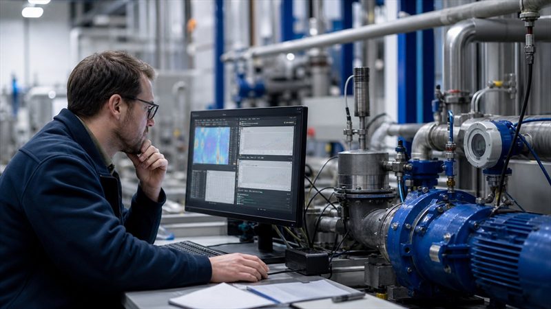 Engineer comparing an industrial equipment model with live operating data