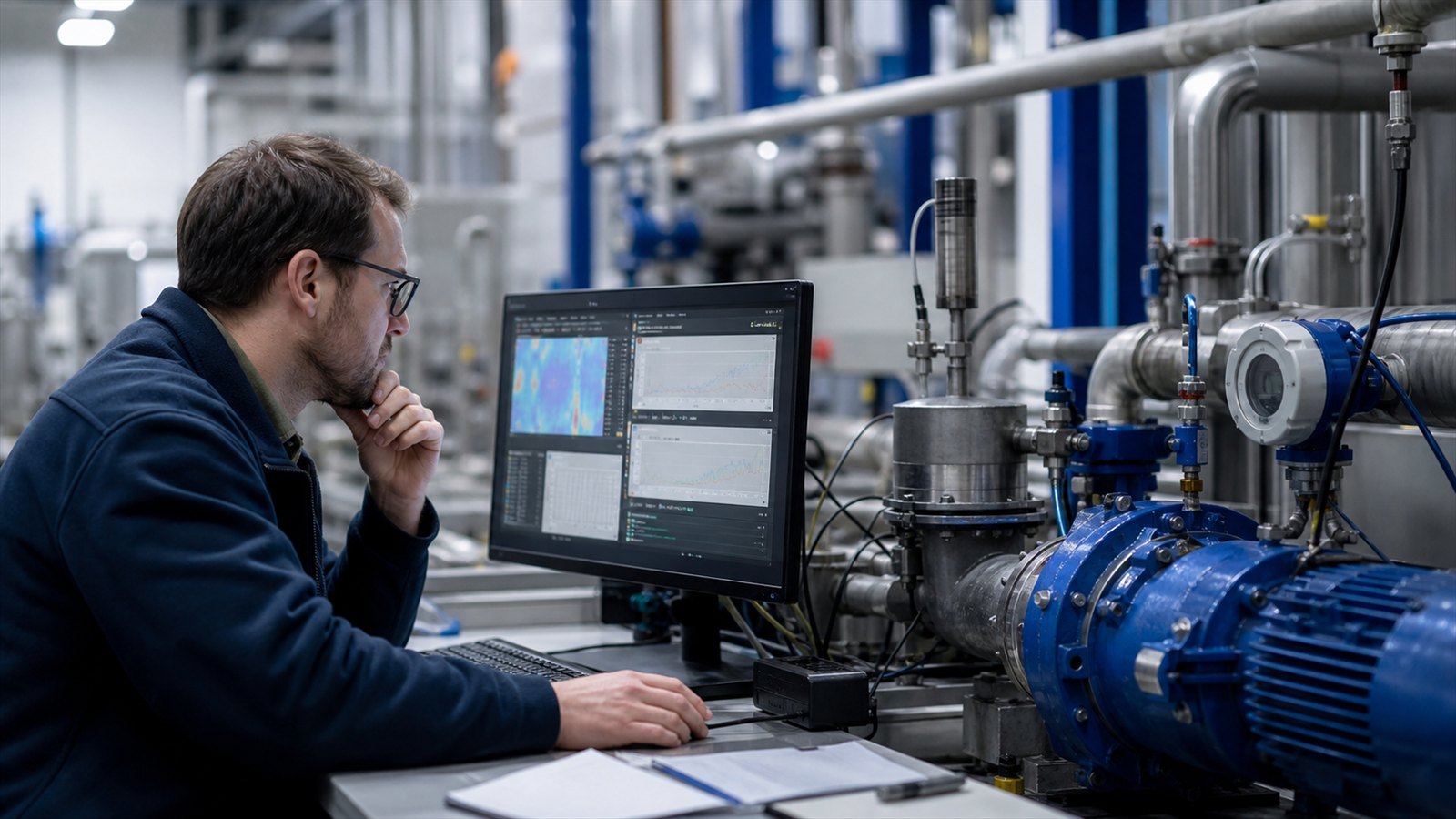 Engineer comparing an industrial equipment model with live operating data